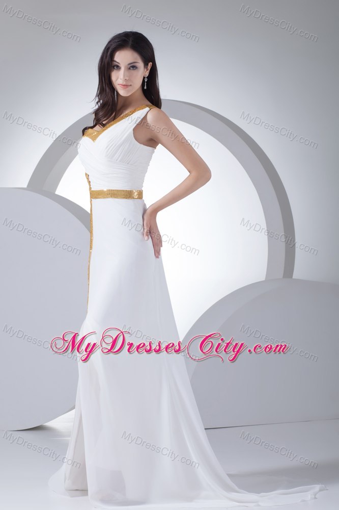 One Shoulder Column Ruching Wedding Dress with Gold Sequins