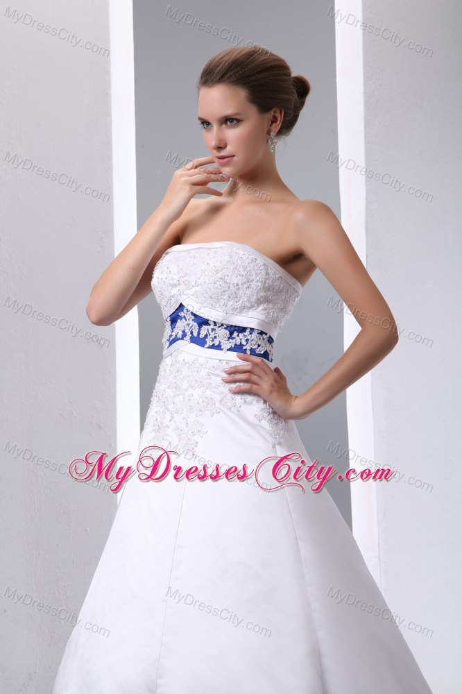 Appliques Strapless Satin and Lace Wedding Dress with Blue Color