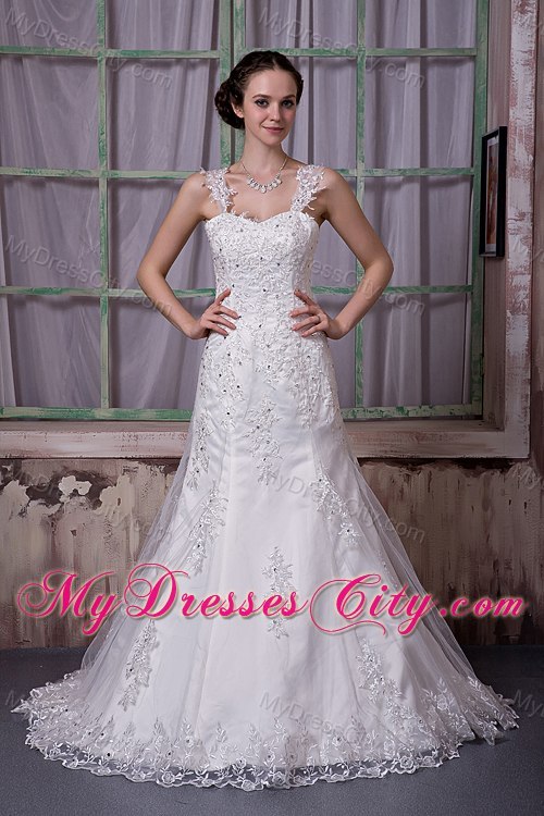 Appliques Court Train Taffeta and Lace Wedding Dress with Straps