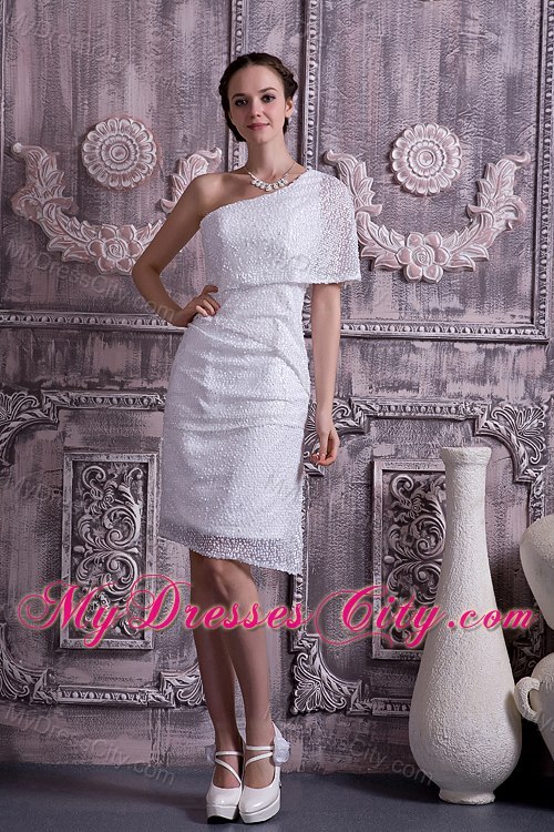 One Short Sleeve Column Knee-length Sequined Wedding Dress