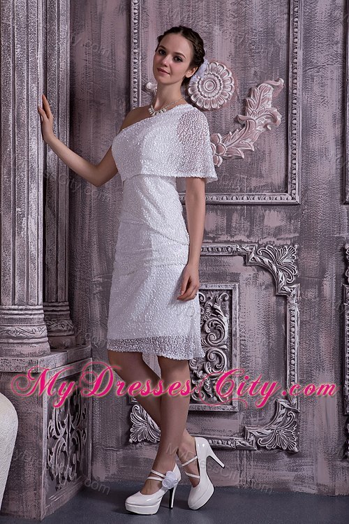 One Short Sleeve Column Knee-length Sequined Wedding Dress