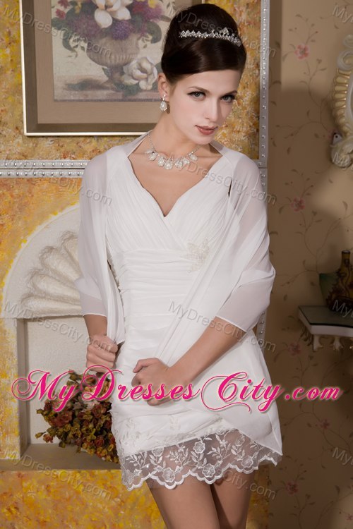 V-neck Appliques and Lace Mini-length Chiffon Bridal Dress