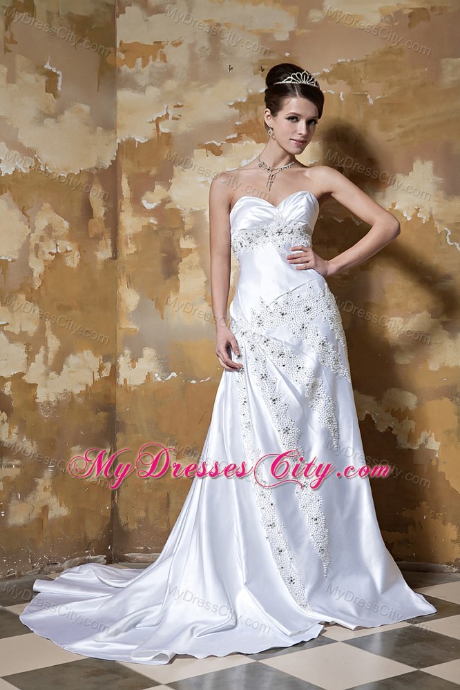 Newest Sweetheart Court Train Satin Wedding Dress with Beading