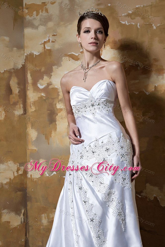 Newest Sweetheart Court Train Satin Wedding Dress with Beading