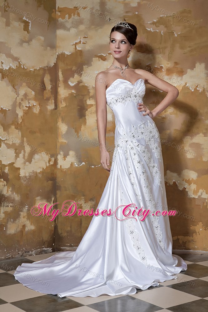 Newest Sweetheart Court Train Satin Wedding Dress with Beading