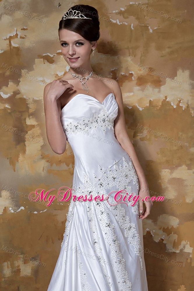 Newest Sweetheart Court Train Satin Wedding Dress with Beading