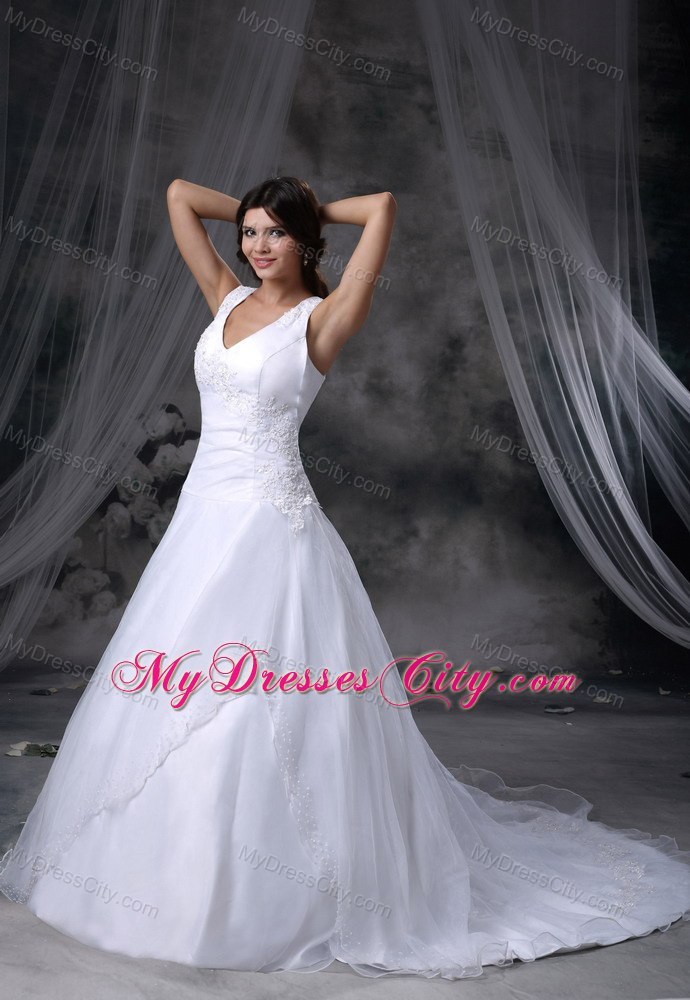 Appliques V-neck Chapel Train 2013 Wedding Anniversary Dress for Church