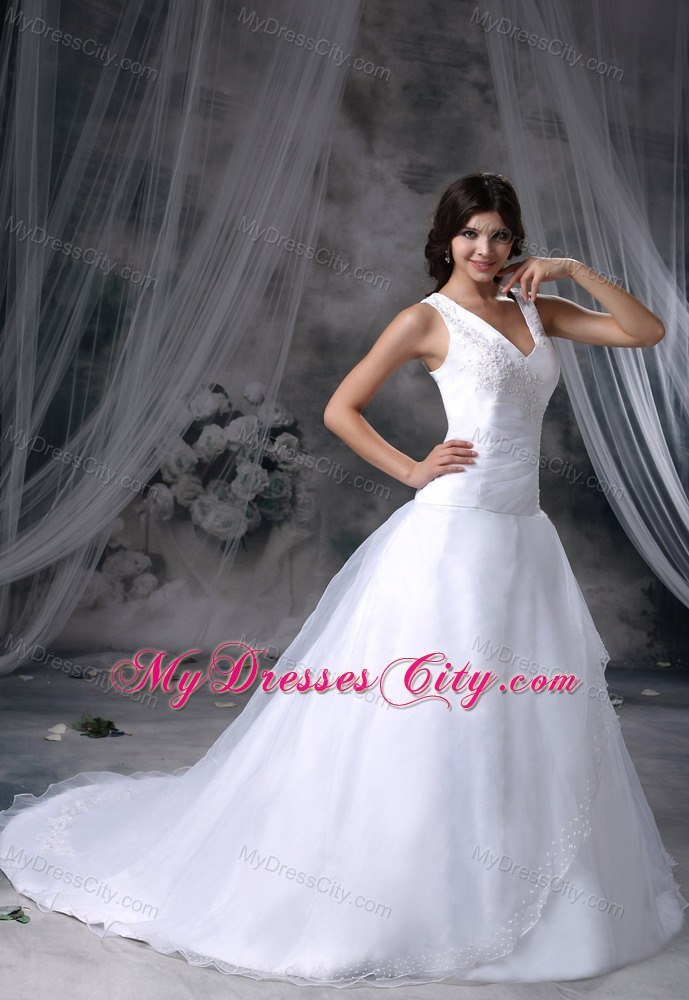 Appliques V-neck Chapel Train 2013 Wedding Anniversary Dress for Church