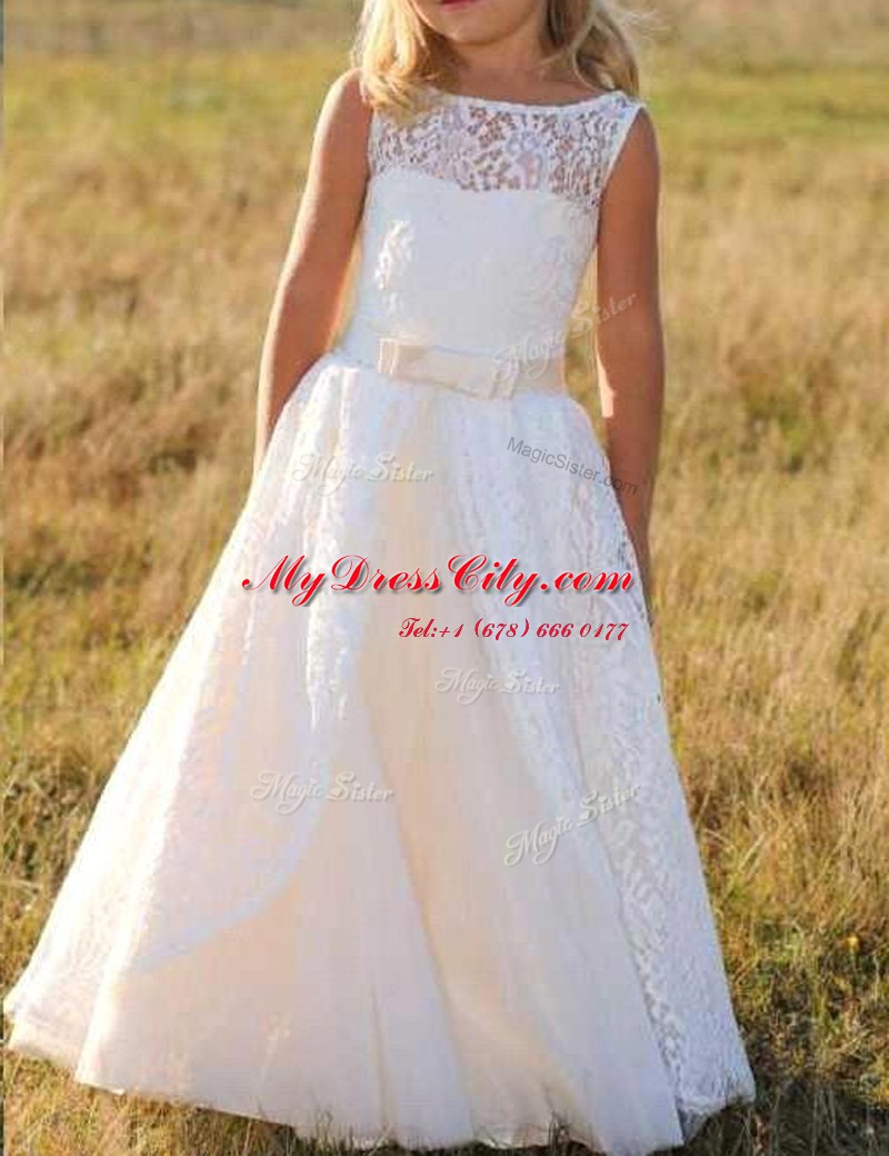 White Bateau Neckline Lace Flower Girl Dresses Sleeveless Zipper