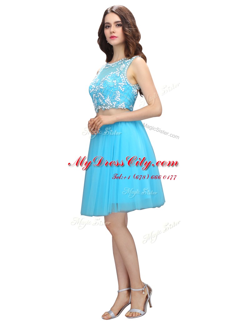 Scoop Baby Blue Sleeveless Tulle Backless Prom Evening Gown for Prom and Party