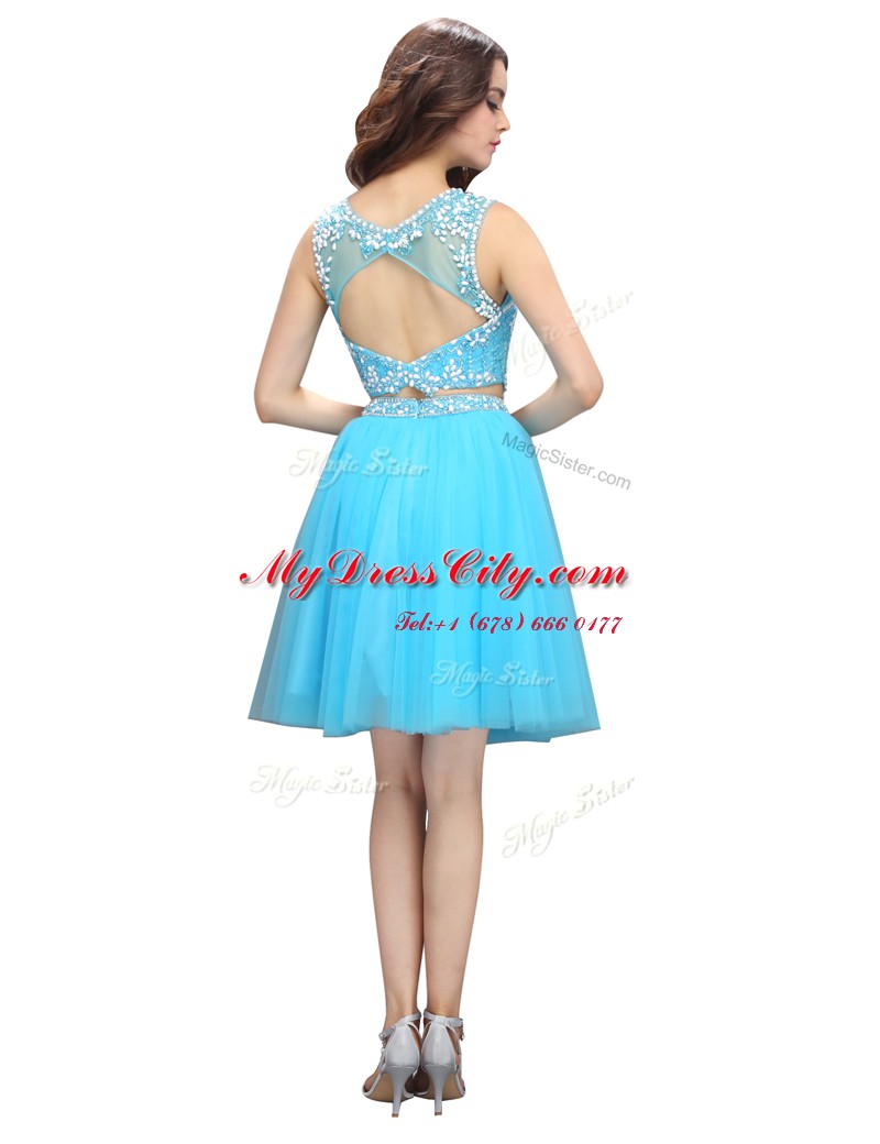Scoop Baby Blue Sleeveless Tulle Backless Prom Evening Gown for Prom and Party