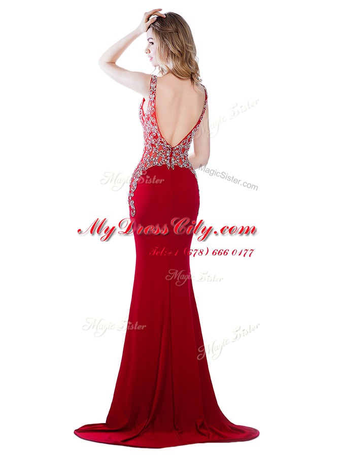 Red Mermaid V-neck Sleeveless Silk Like Satin With Brush Train Backless Beading Prom Dress