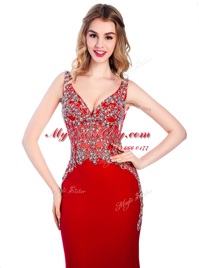 Red Mermaid V-neck Sleeveless Silk Like Satin With Brush Train Backless Beading Prom Dress
