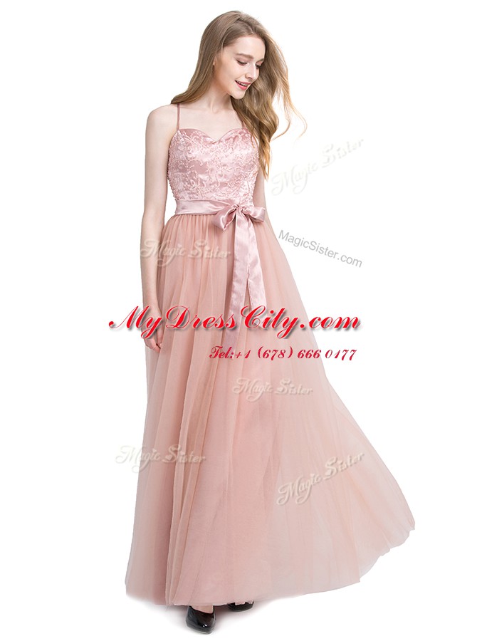 Column/Sheath Prom Party Dress Pink Spaghetti Straps Tulle Sleeveless Floor Length Zipper