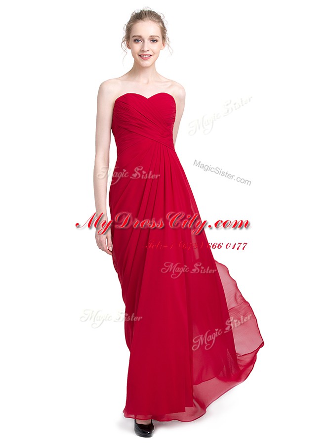 Chic Floor Length Zipper Red for Prom and Party with Ruching