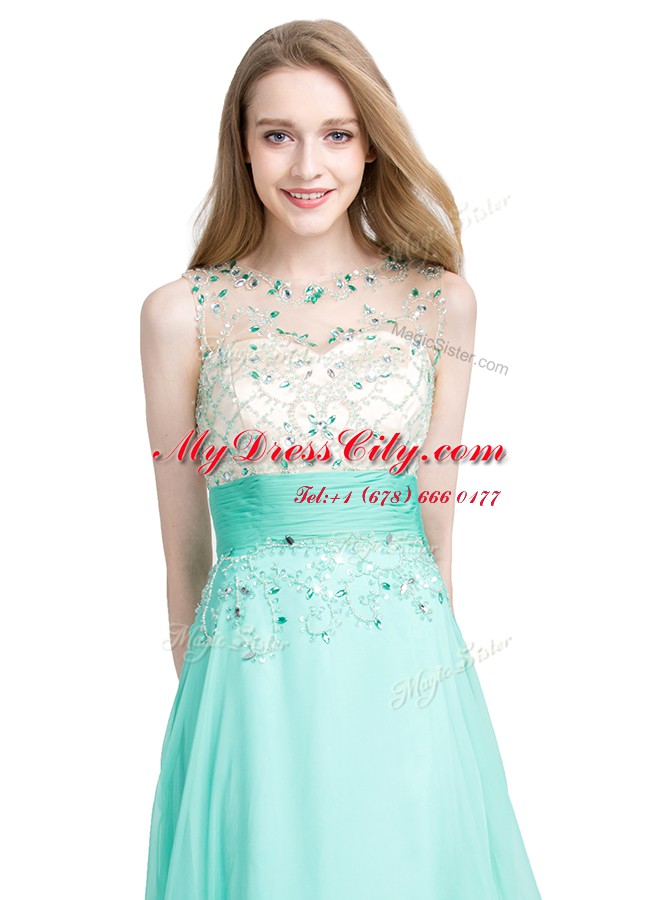 Turquoise Column/Sheath Scoop Sleeveless Chiffon Floor Length Zipper Beading Prom Evening Gown