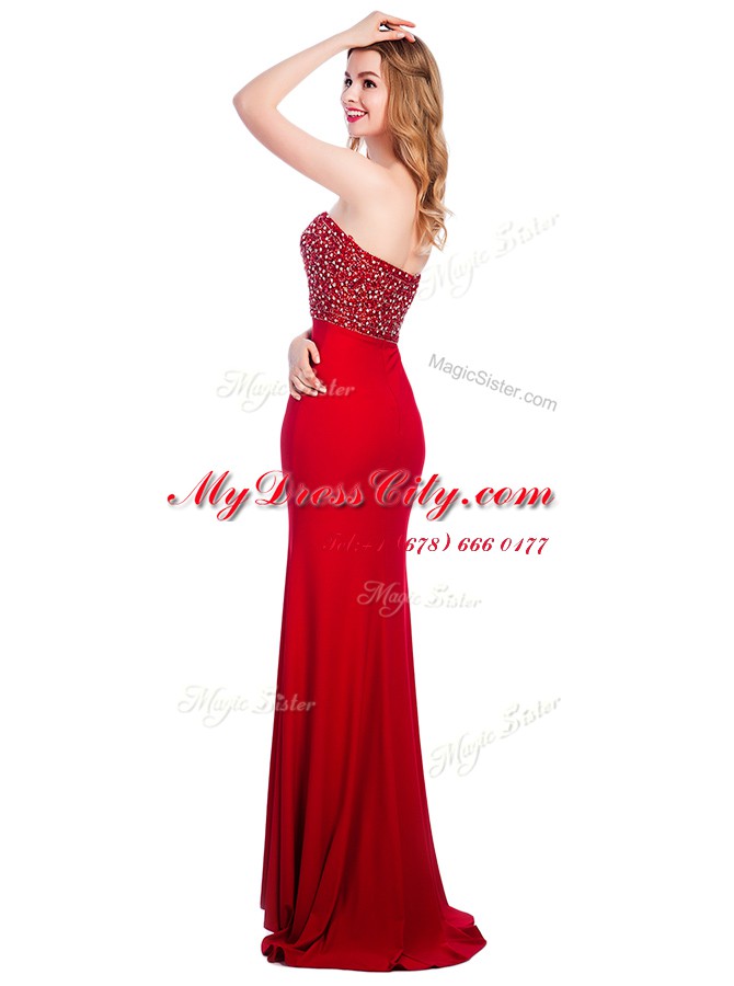 Mermaid Elastic Woven Satin Sweetheart Sleeveless Sweep Train Zipper Beading Evening Dress in Wine Red