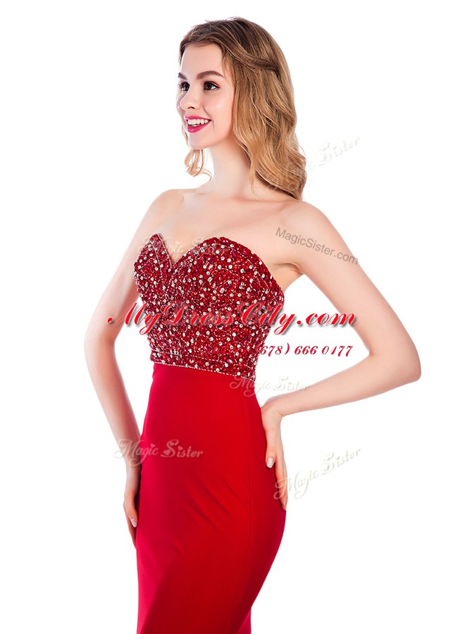 Mermaid Elastic Woven Satin Sweetheart Sleeveless Sweep Train Zipper Beading Evening Dress in Wine Red