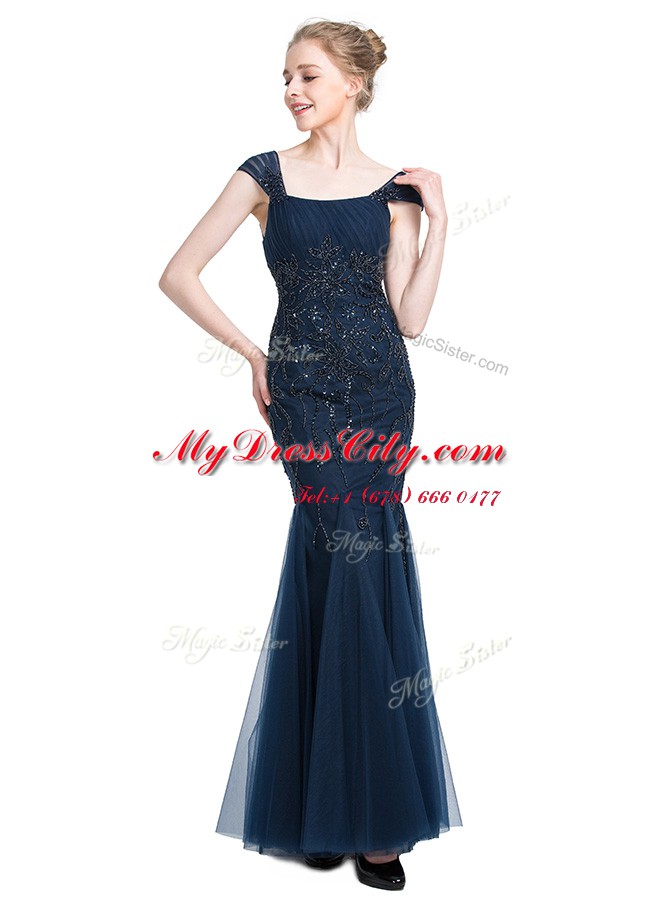 Custom Design Mermaid Navy Blue Cap Sleeves Floor Length Beading Zipper Evening Dress