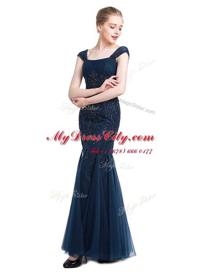 Custom Design Mermaid Navy Blue Cap Sleeves Floor Length Beading Zipper Evening Dress