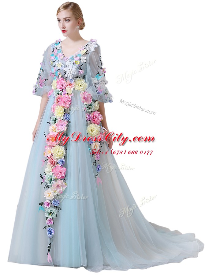 Captivating Light Blue Half Sleeves Court Train Hand Made Flower With Train High School Pageant Dress