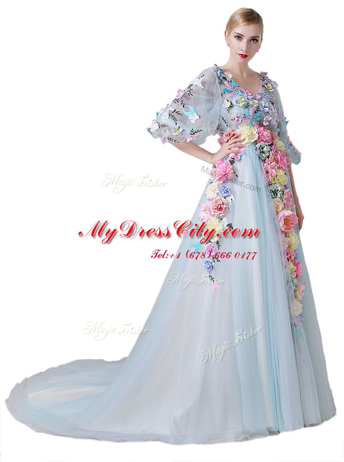 Captivating Light Blue Half Sleeves Court Train Hand Made Flower With Train High School Pageant Dress