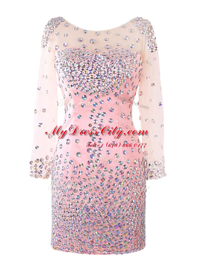Custom Designed Pink Zipper Scoop Beading Prom Party Dress Satin Long Sleeves
