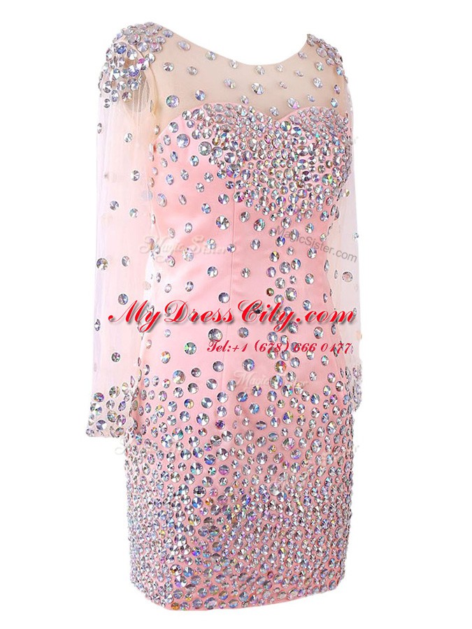Custom Designed Pink Zipper Scoop Beading Prom Party Dress Satin Long Sleeves