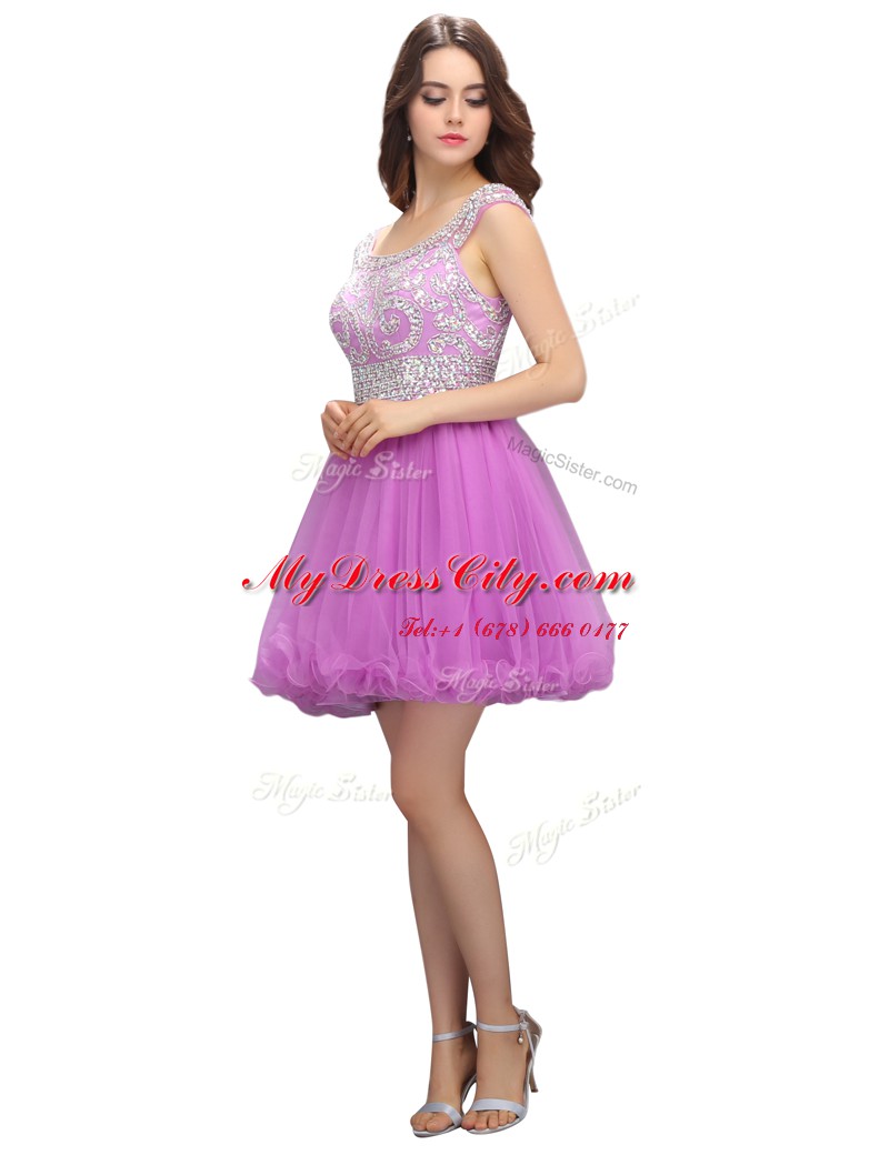 Lilac Organza Zipper Homecoming Dress Cap Sleeves Mini Length Beading