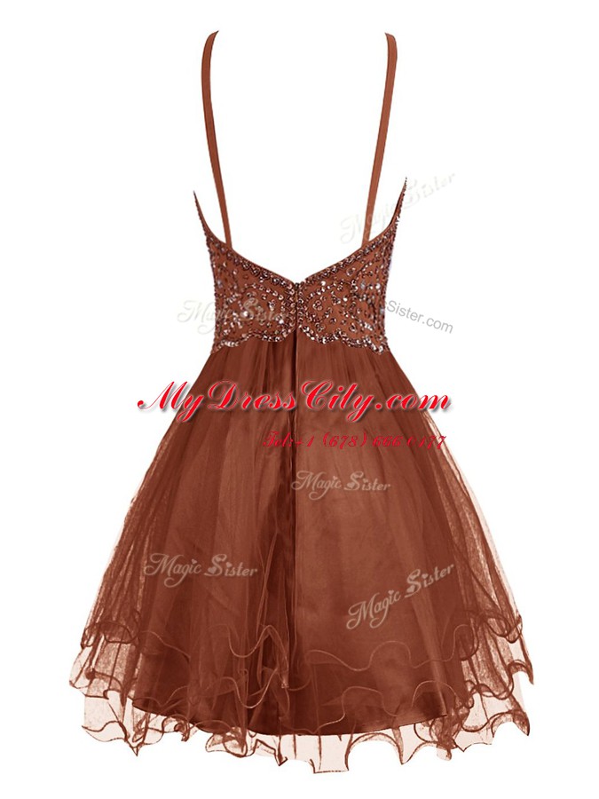 Elegant Halter Top Sleeveless Zipper Dress for Prom Brown Organza