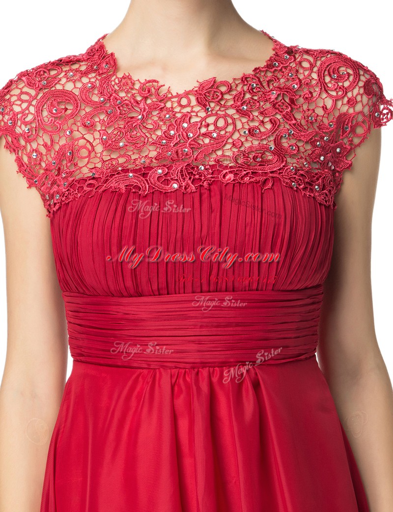 Cheap Scoop Coral Red Zipper Homecoming Dress Beading and Ruching Sleeveless Floor Length