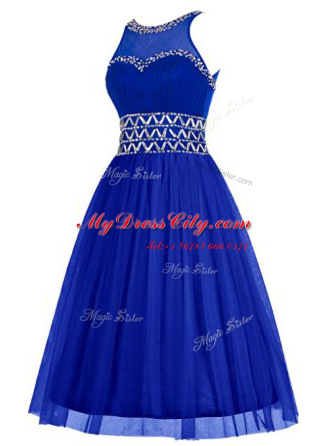 Scoop Beading Prom Party Dress Royal Blue Zipper Sleeveless Knee Length