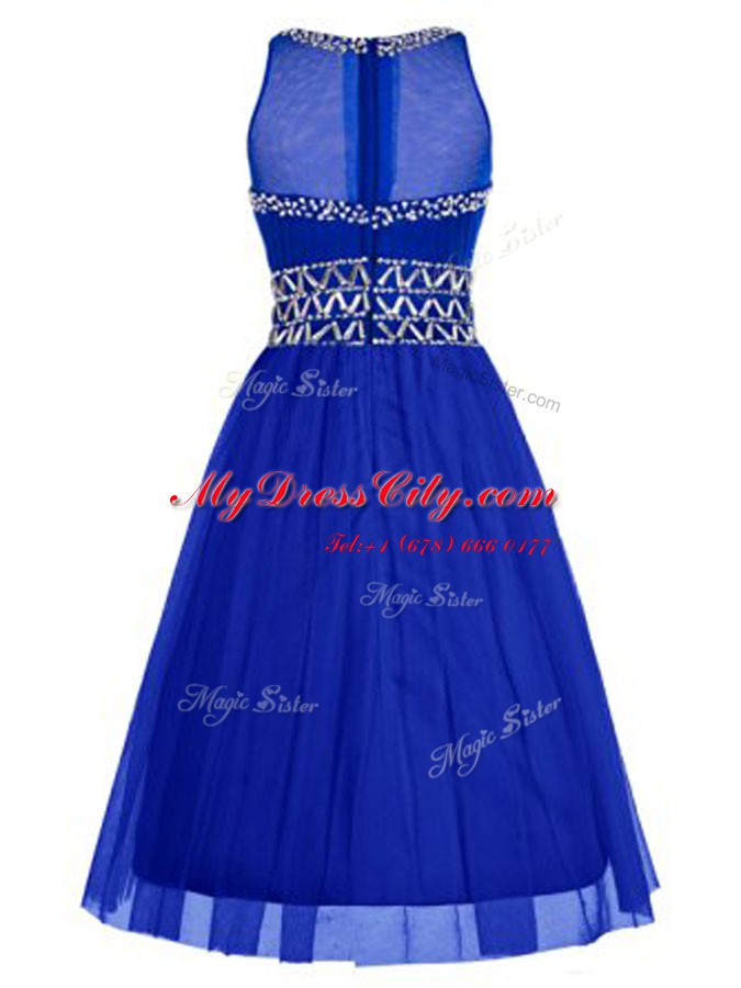Scoop Beading Prom Party Dress Royal Blue Zipper Sleeveless Knee Length