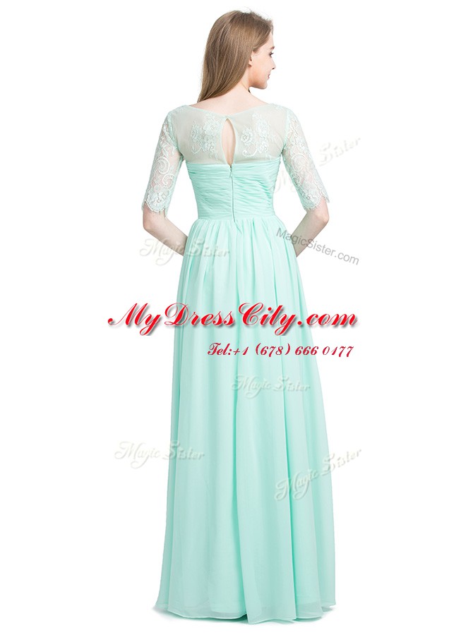 Floor Length Turquoise Scoop Half Sleeves Lace Up
