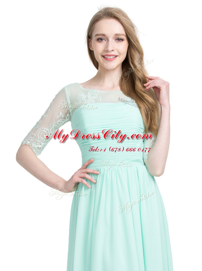 Floor Length Turquoise Scoop Half Sleeves Lace Up