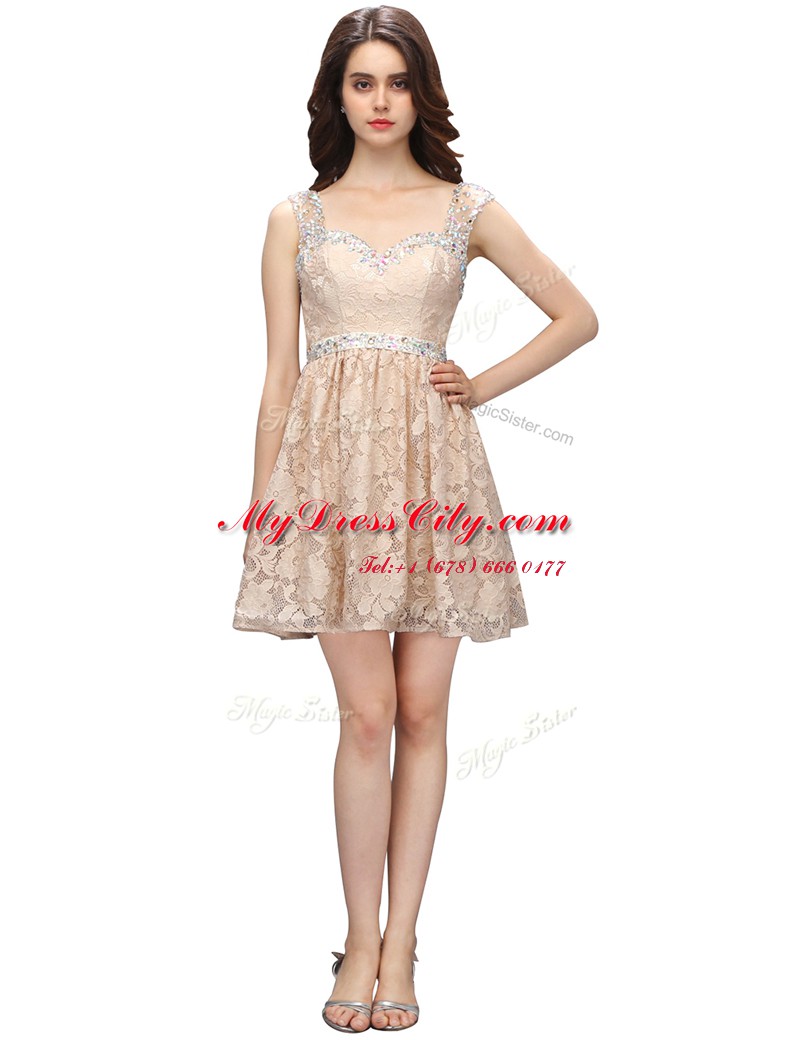 Designer Champagne Prom and Party and For with Lace Sweetheart Sleeveless Side Zipper