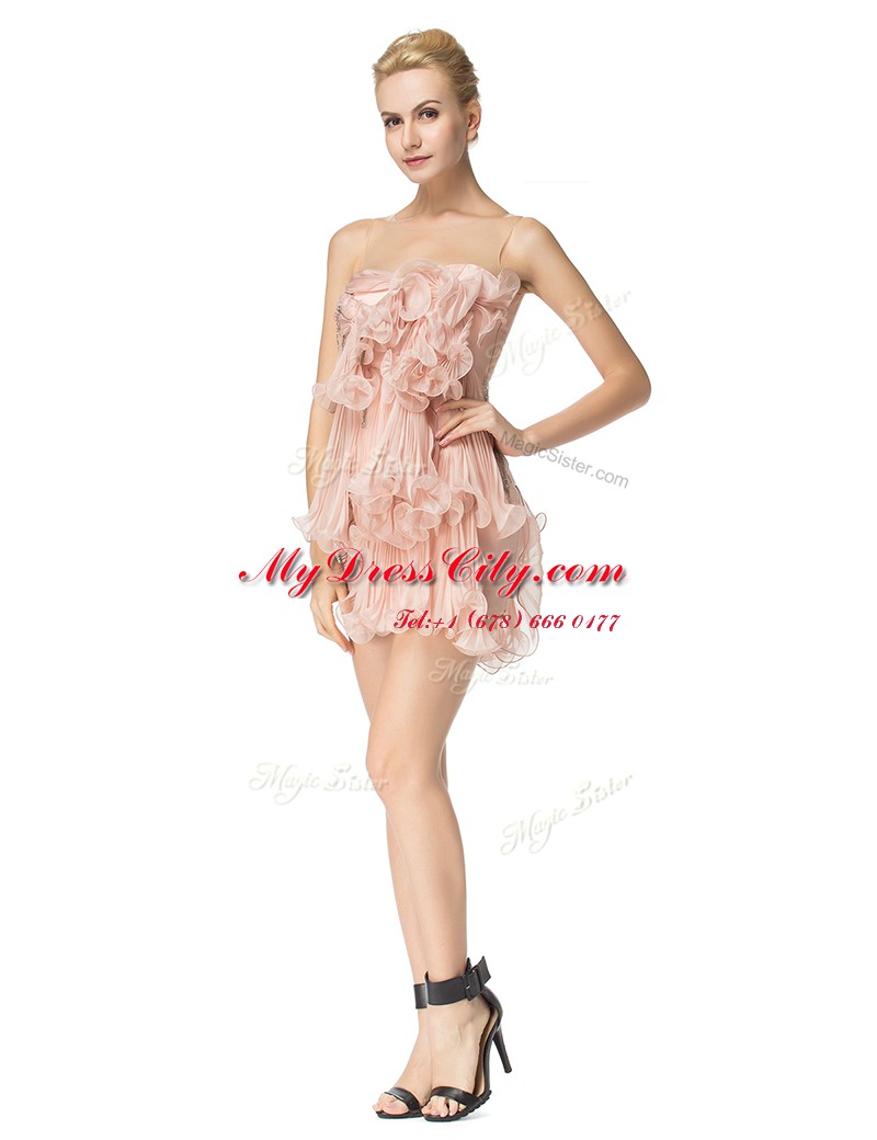 Cheap Pink Column/Sheath Scoop Sleeveless Chiffon Mini Length Side Zipper Ruching Evening Dress