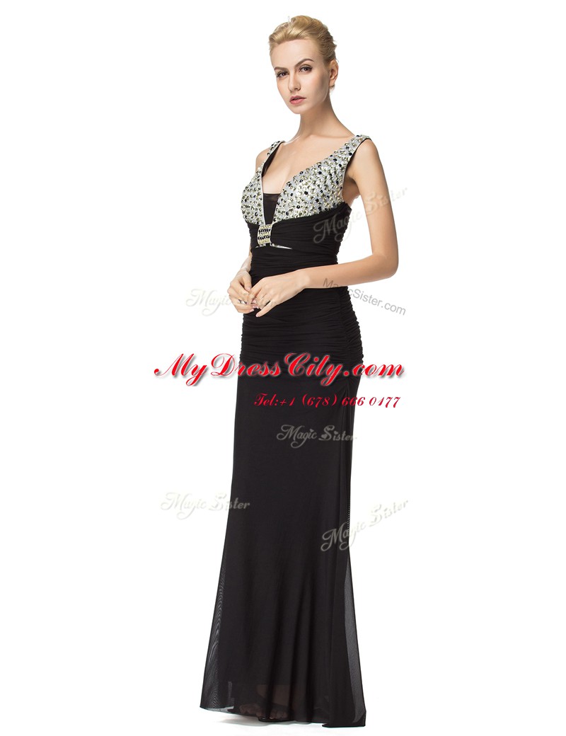 Customized Beading Prom Gown Black Zipper Sleeveless Floor Length