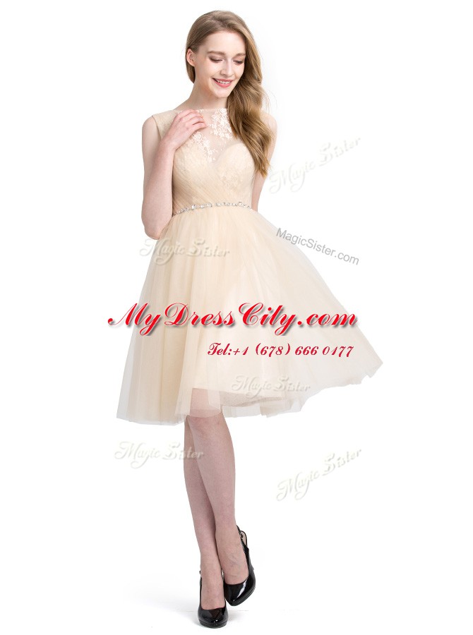 Champagne Bateau Clasp Handle Beading and Lace Cocktail Dresses Sleeveless