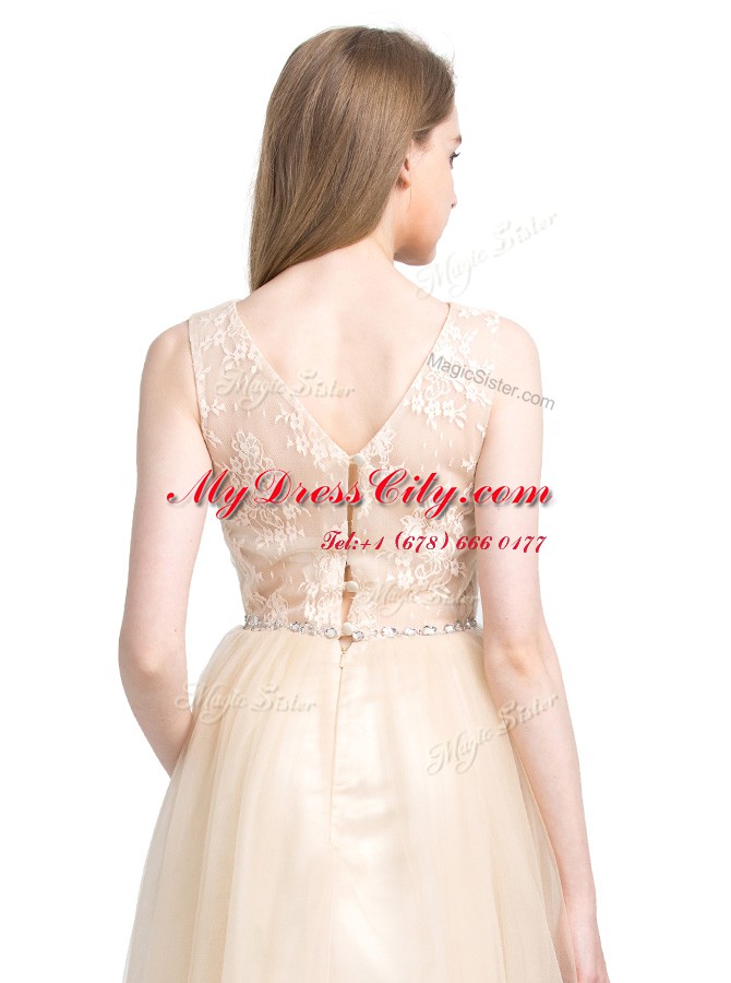Champagne Bateau Clasp Handle Beading and Lace Cocktail Dresses Sleeveless