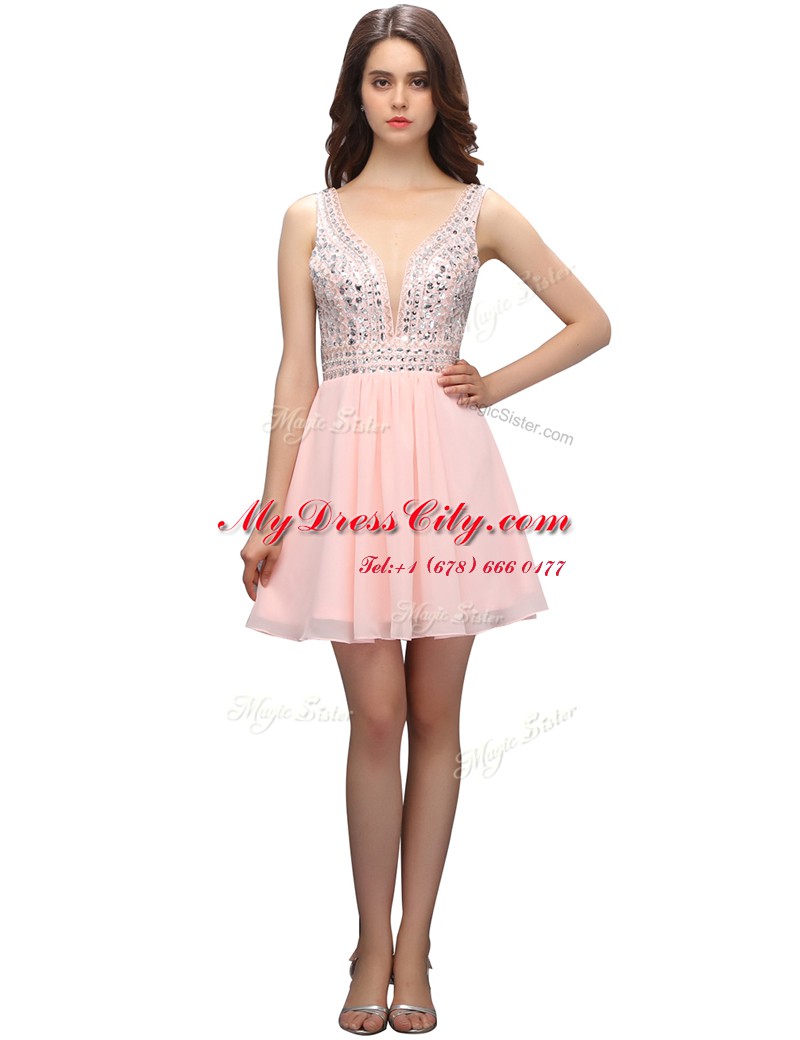 Knee Length Empire Sleeveless Baby Pink Prom Dress Zipper