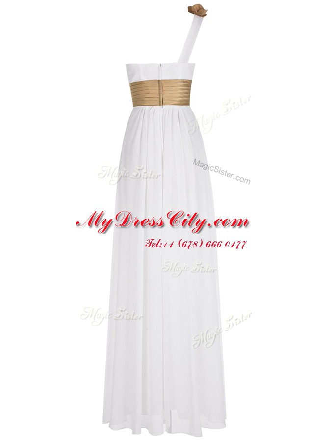 One Shoulder Floor Length Empire Sleeveless White Evening Dress Zipper