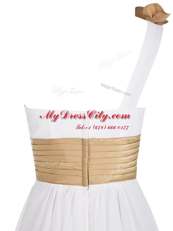 One Shoulder Floor Length Empire Sleeveless White Evening Dress Zipper