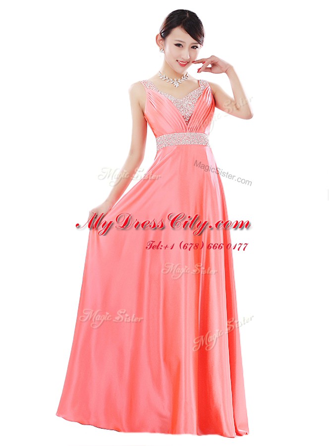 Flare Watermelon Red V-neck Neckline Beading Dress for Prom Sleeveless Zipper