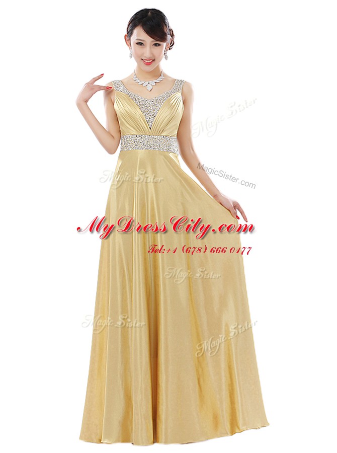 Gold V-neck Neckline Beading Prom Party Dress Sleeveless Zipper