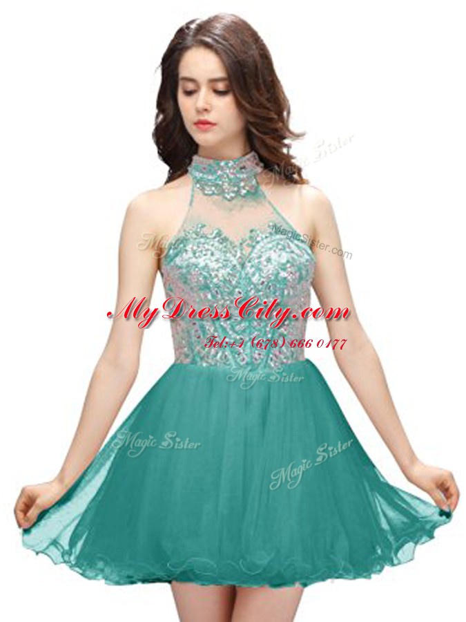 A-line Prom Gown Teal High-neck Organza Sleeveless Mini Length Zipper