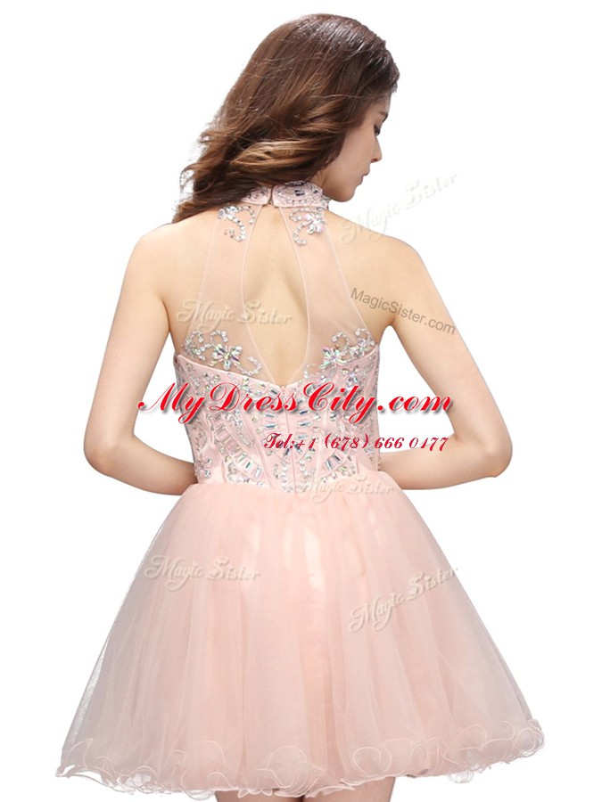 A-line Prom Gown Teal High-neck Organza Sleeveless Mini Length Zipper