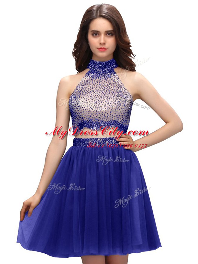 Dynamic Blue Two Pieces Beading Prom Dress Zipper Chiffon Sleeveless Mini Length