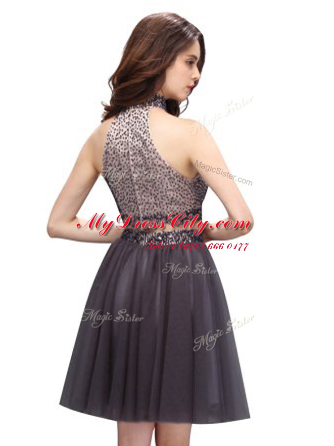 Dynamic Blue Two Pieces Beading Prom Dress Zipper Chiffon Sleeveless Mini Length