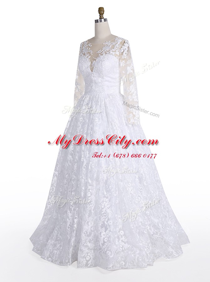 Superior Lace Floor Length White Wedding Dresses Scoop Long Sleeves Clasp Handle